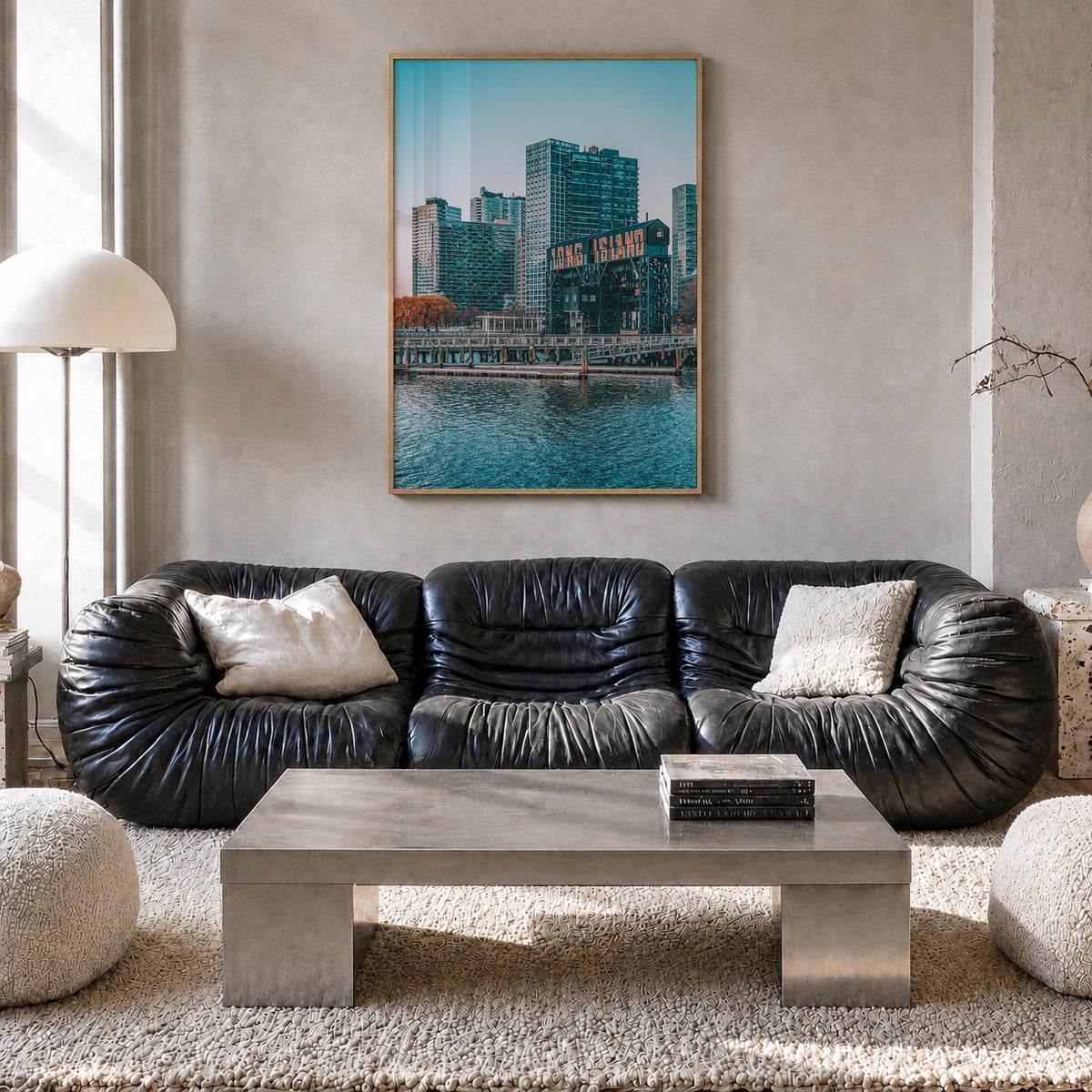 Long Island no. 2 colorful photo poster of New York, USA – vertical wall art in natural wood frame, hanging on wall