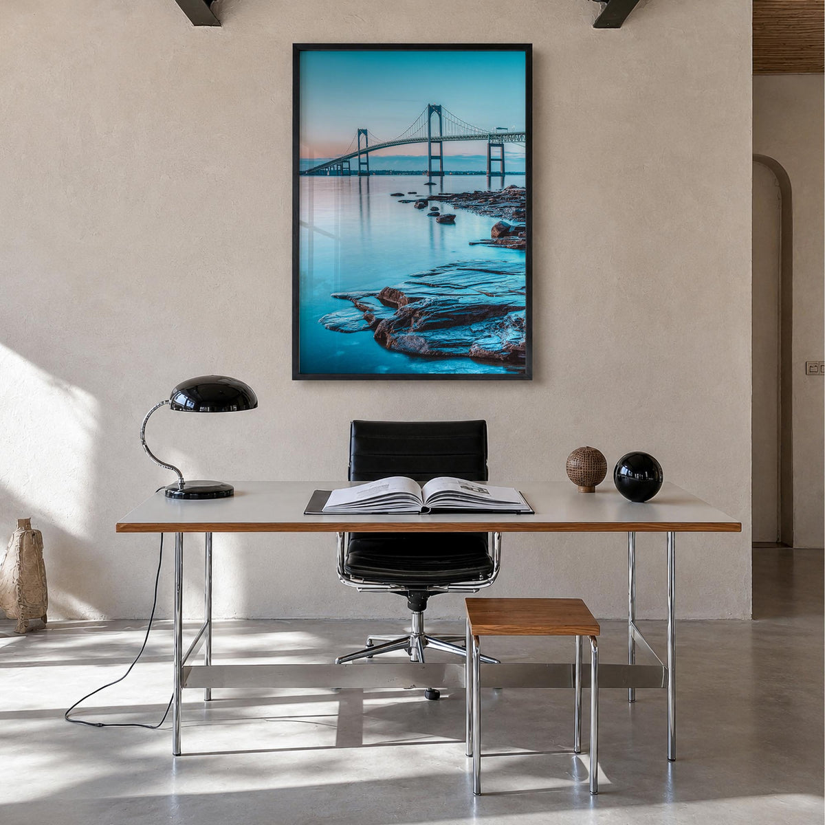 Long Island no. 3 colorful photo poster of New York, USA – vertical wall art in black wood frame, hanging on wall