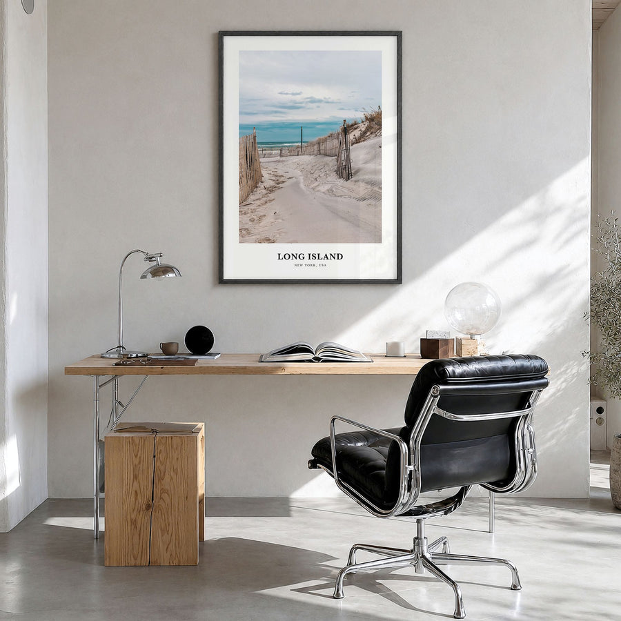 Long Island Classic No 2 Poster in a black wood frame, hanging in a bright home office
