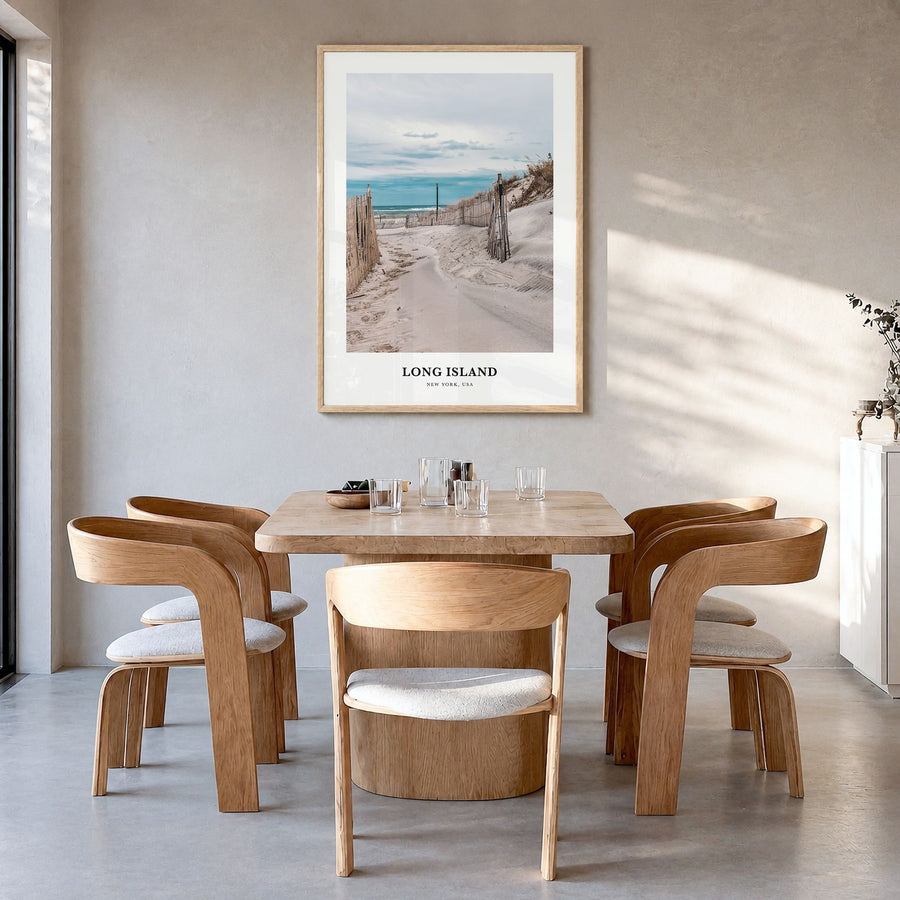 Long Island Classic No 2 Poster in a natural wood frame, hanging in a dining room