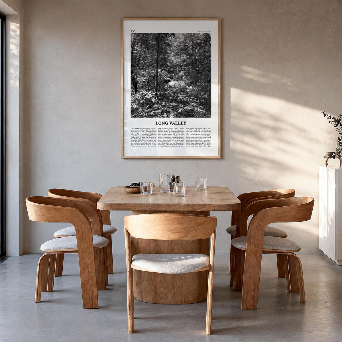 Long Valley black & white newspaper poster of California, USA – vertical wall art in natural wood frame, hanging on wall