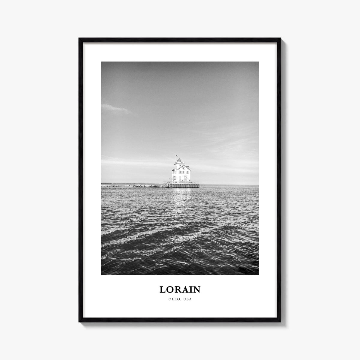Lorain black & white classic poster of Ohio, USA – vertical wall art, unframed print shown in interior mockup