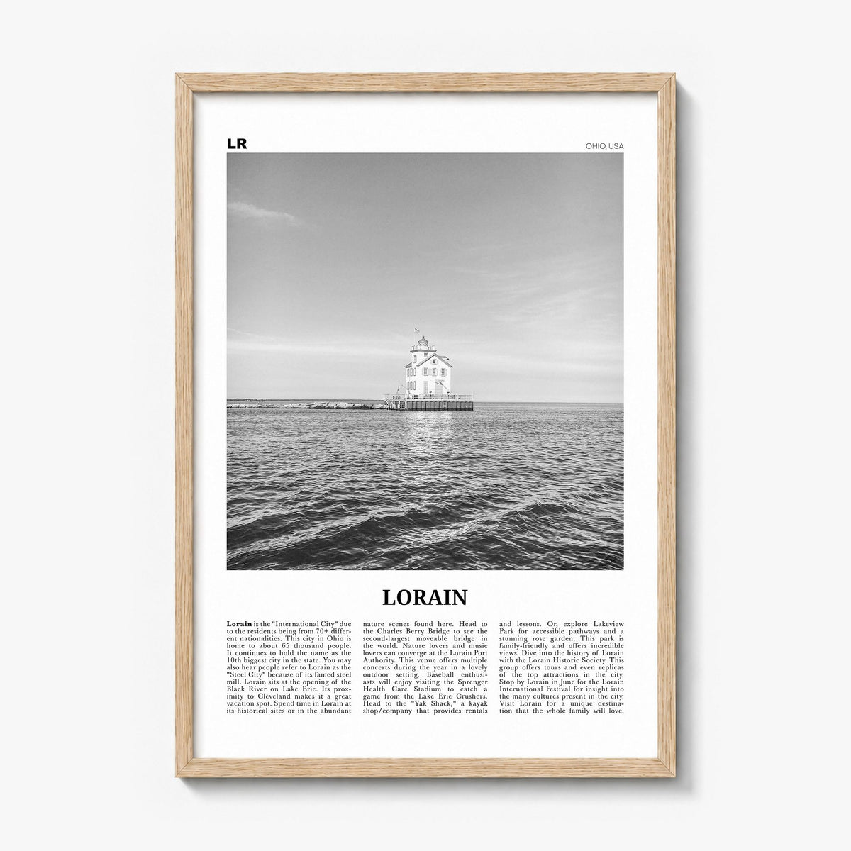 Lorain Newspaper Poster in a natural wood frame