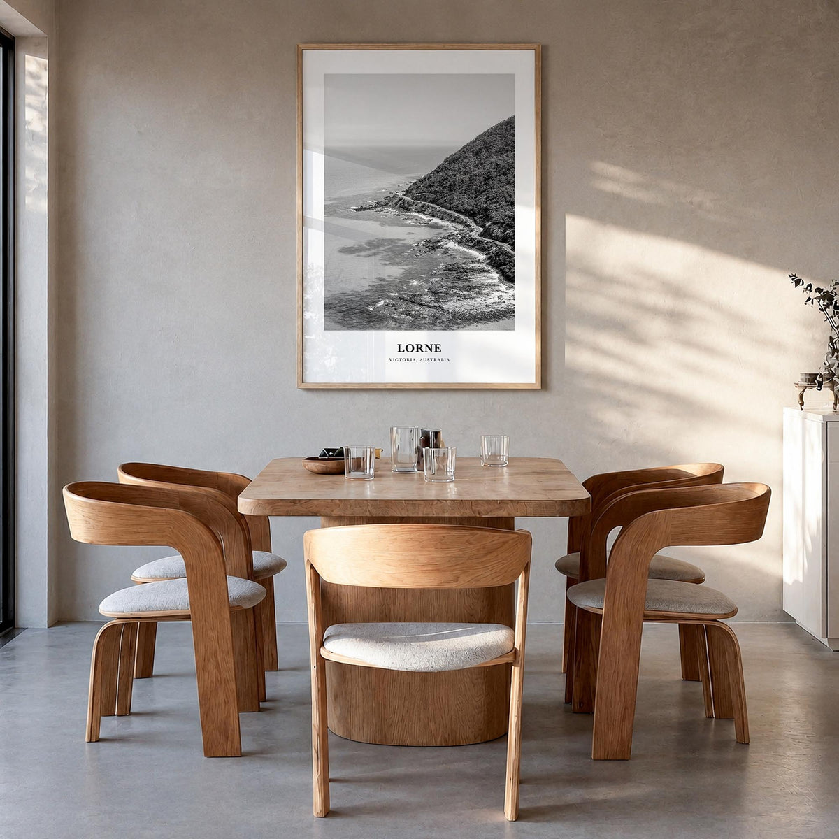 Lorne black & white classic poster of Victoria, Australia – vertical wall art in natural wood frame, hanging on wall