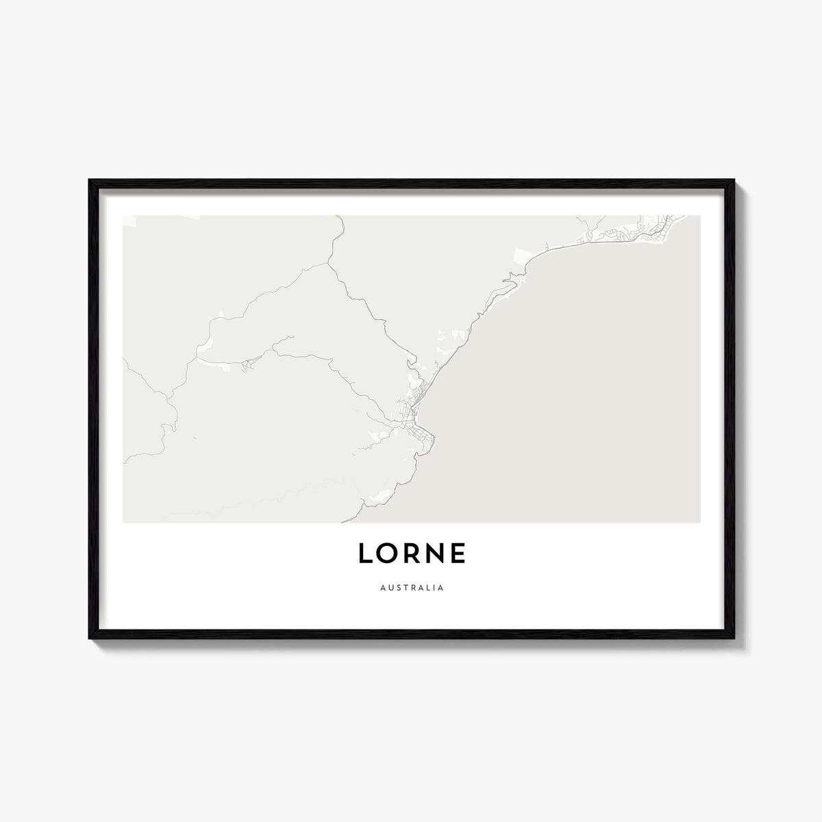 Lorne black & white map poster of Victoria, Australia – horizontal wall art, unframed print shown in interior mockup