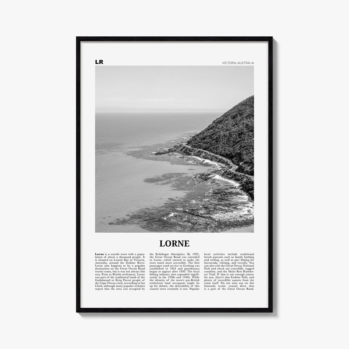 Lorne black & white newspaper poster of Victoria, Australia – vertical wall art, unframed print shown in interior mockup