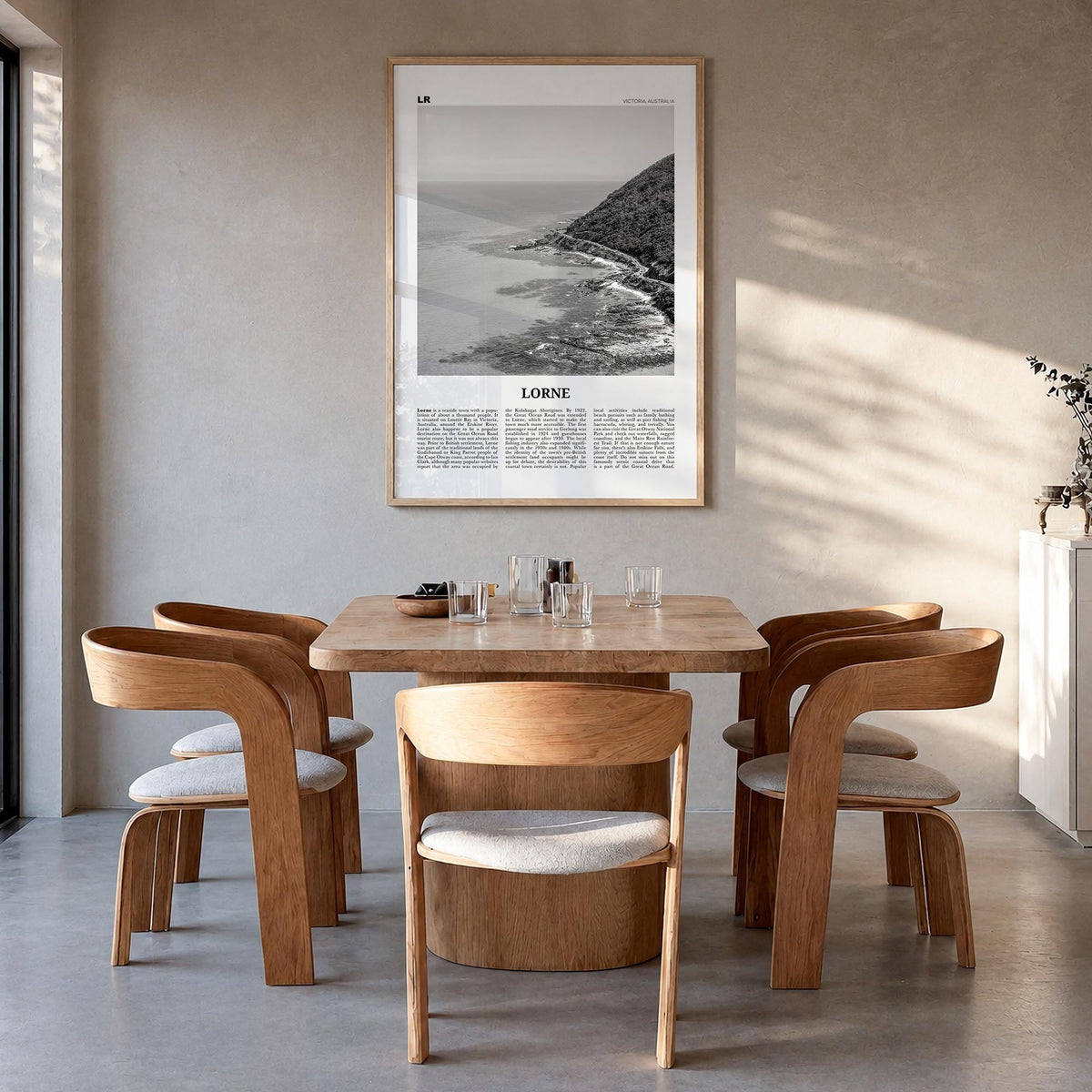 Lorne black & white newspaper poster of Victoria, Australia – vertical wall art in natural wood frame, hanging on wall