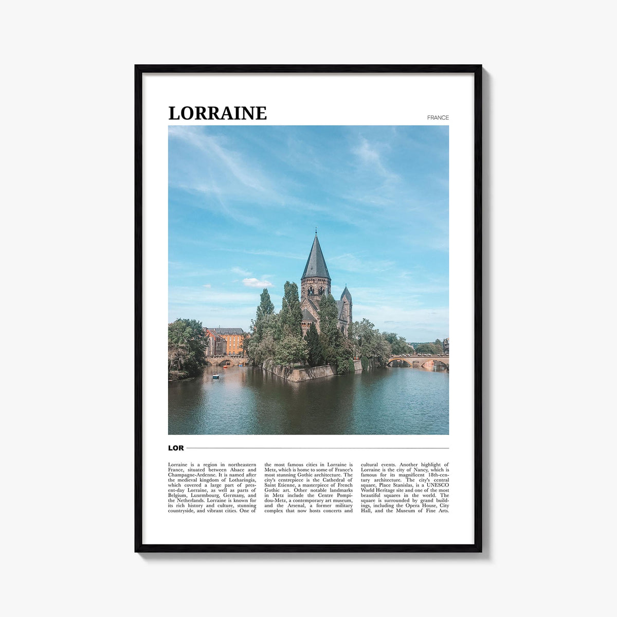 Lorraine colorful travel poster of France – vertical wall art, unframed print shown in interior mockup