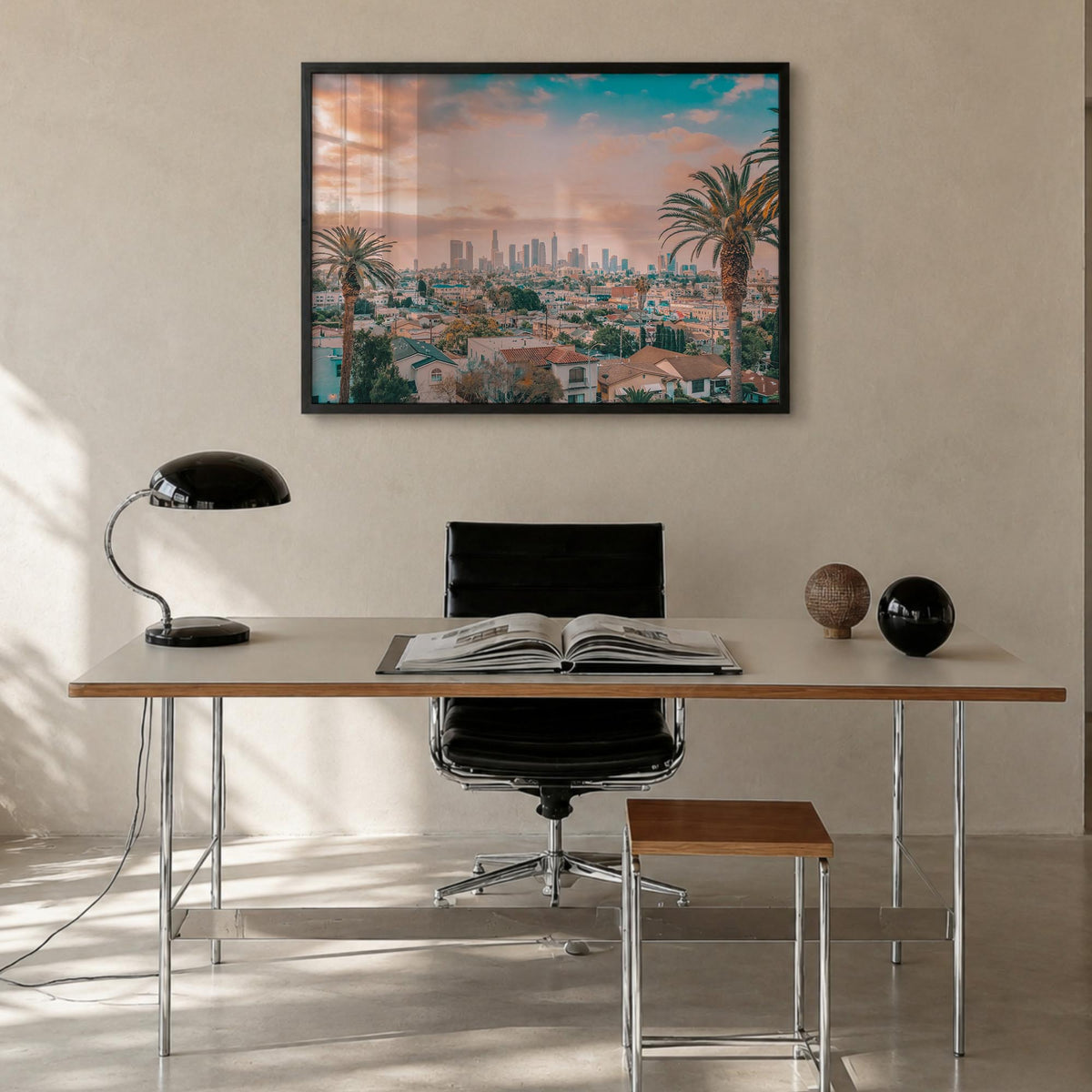 Los Angeles colorful photo poster of California, USA – horizontal wall art in black wood frame, hanging on wall