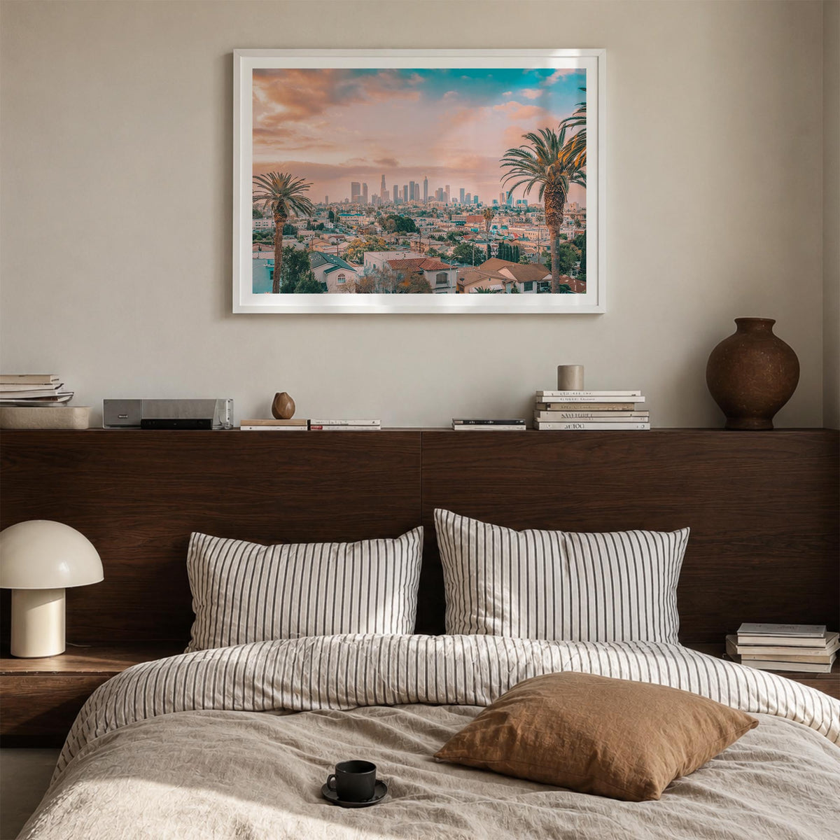 Los Angeles colorful photo poster of California, USA – horizontal wall art in white wood frame with white border, hanging on