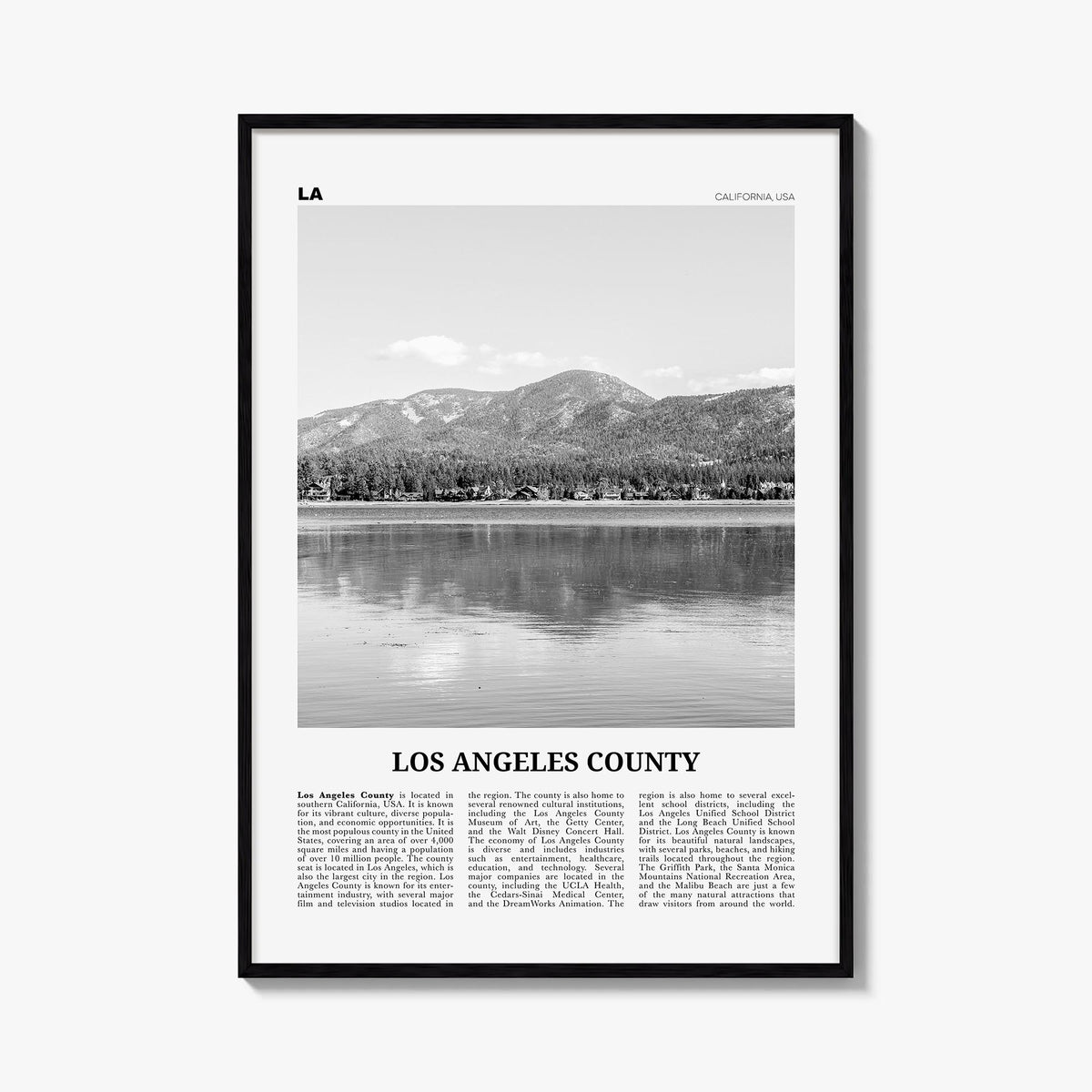 Los Angeles County black & white newspaper poster of California, USA – vertical wall art, unframed print shown in interior mo