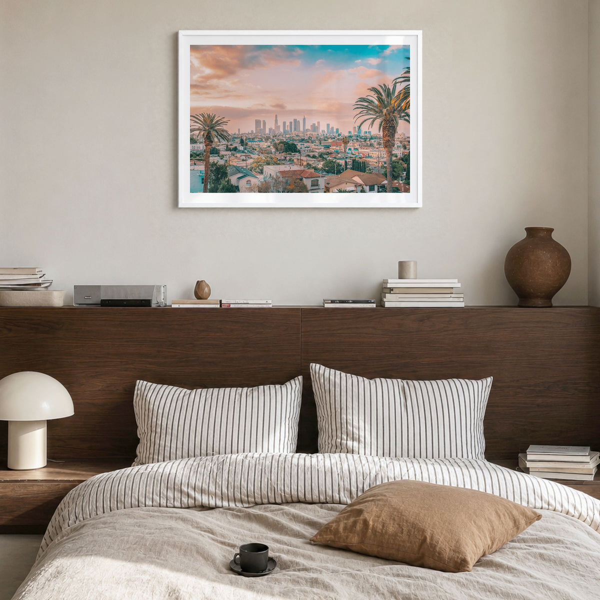 Los Angeles Photo Poster in a white wood frame, hanging in a bedroom, white border