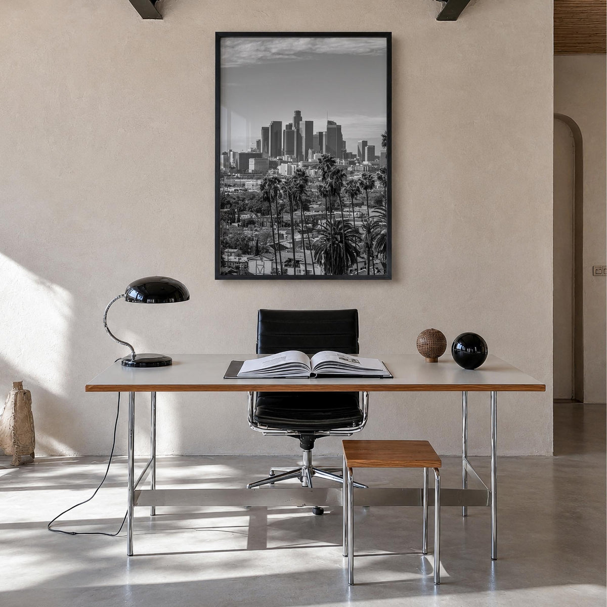 Los Angeles no. 1 black & white photo poster of California, USA – vertical wall art in black wood frame, hanging on wall