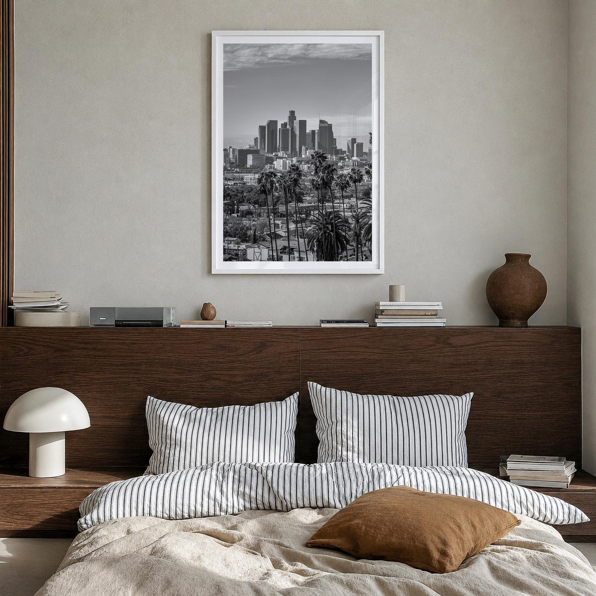 Los Angeles no. 1 black & white photo poster of California, USA – vertical wall art in white wood frame with white border, ha