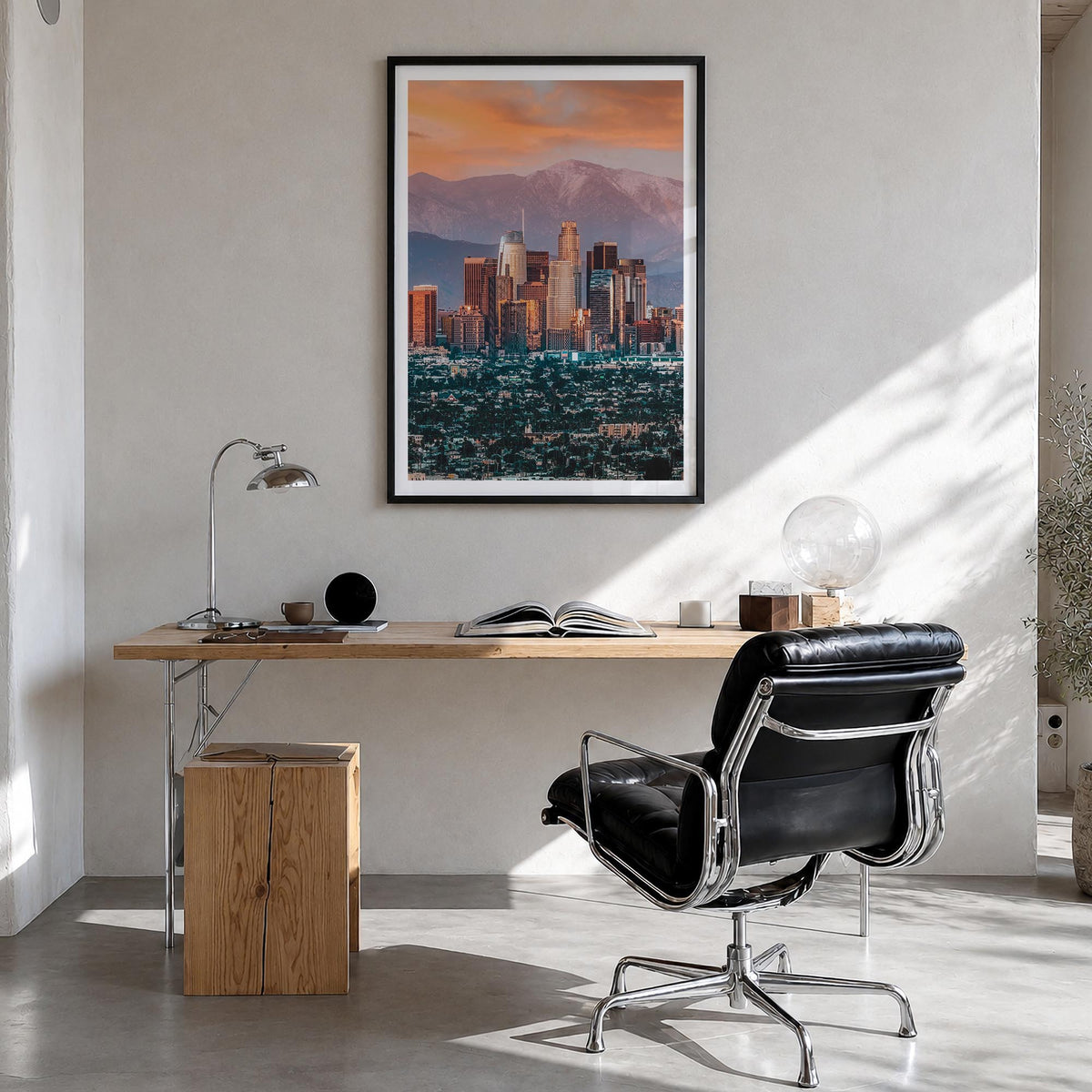 Los Angeles no. 1 colorful photo poster of California, USA – vertical wall art in black wood frame with white border, hanging