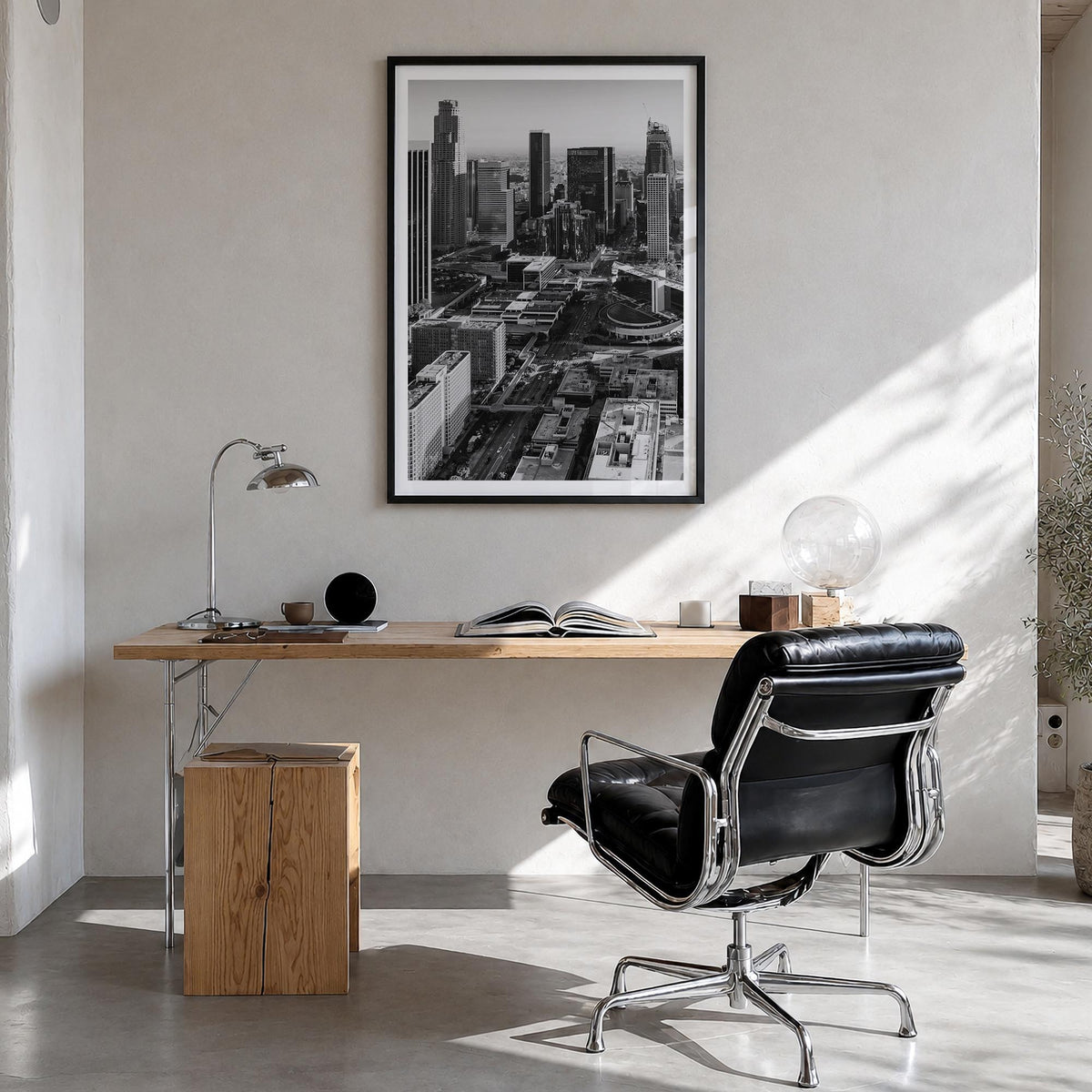 Los Angeles no. 3 black & white photo poster of California, USA – vertical wall art in black wood frame with white border, ha