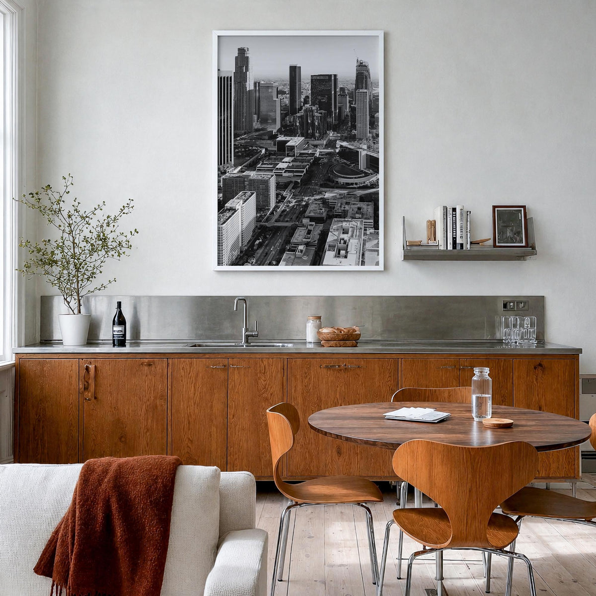 Los Angeles no. 3 black & white photo poster of California, USA – vertical wall art in white wood frame, hanging on wall