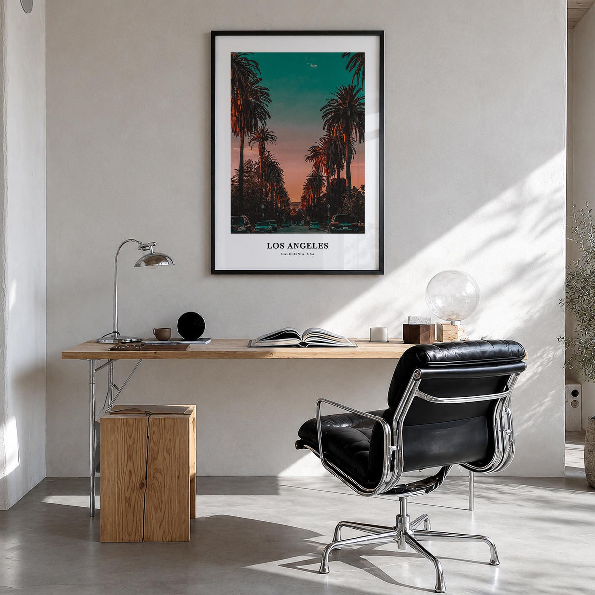 Los Angeles no. 3 colorful classic poster of California, USA – vertical wall art in black wood frame, hanging on wall
