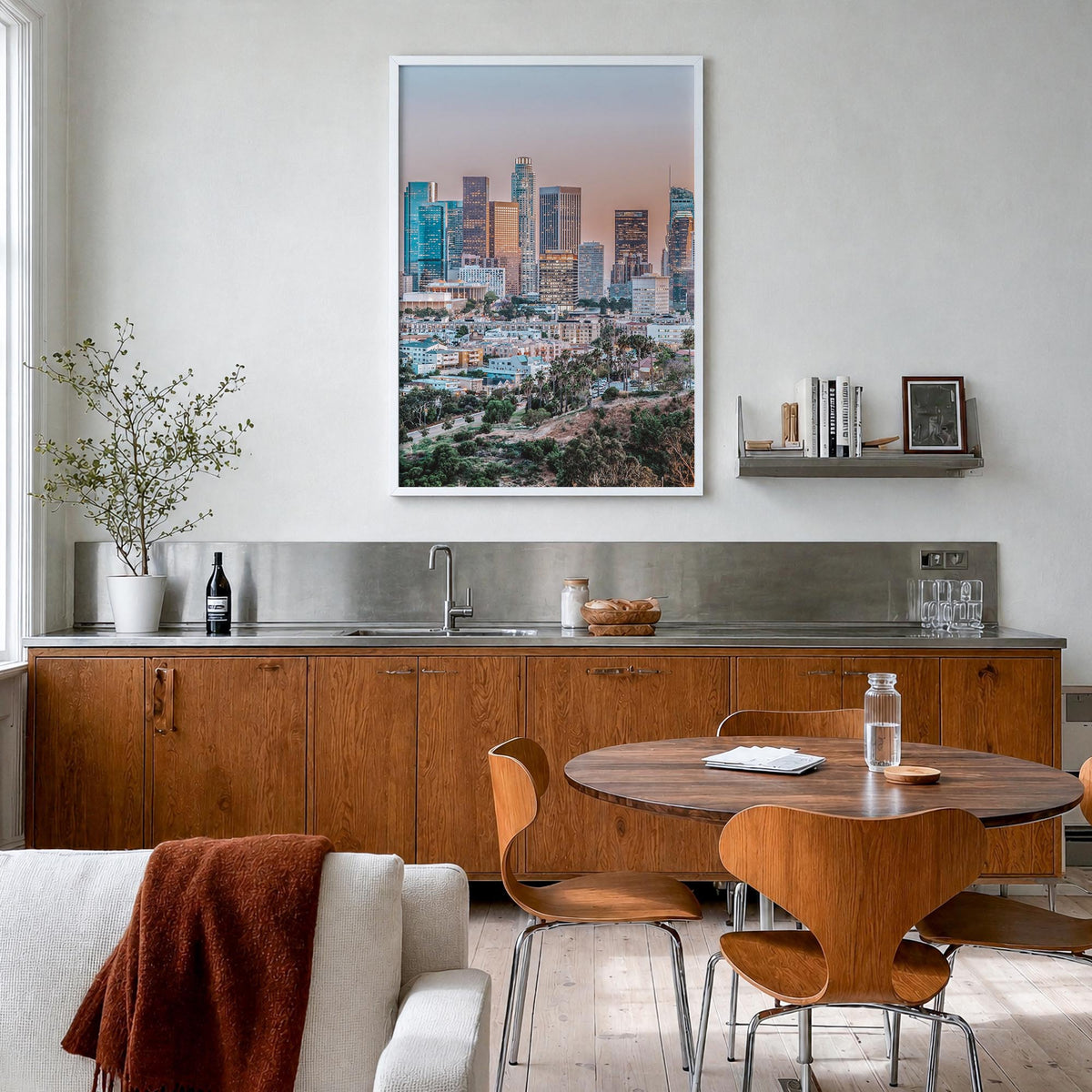 Los Angeles no. 5 colorful photo poster of California, USA – vertical wall art in white wood frame, hanging on wall