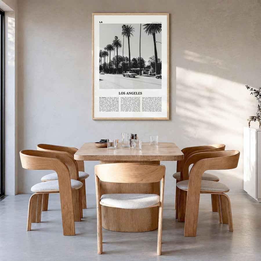 Los Angeles Newspaper No 2 Poster in a natural wood frame, hanging in a dining room