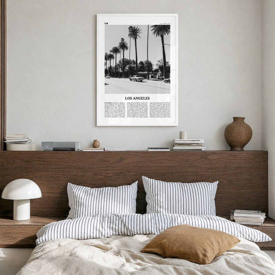 Los Angeles Newspaper No 2 Poster in a white wood frame, hanging in a bedroom