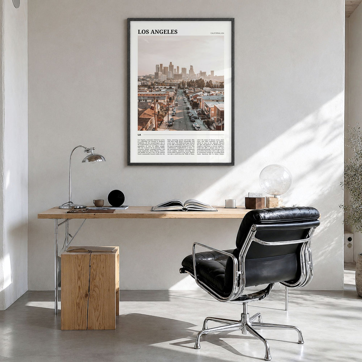 Los Angeles Travel No 2 Poster in a black wood frame, hanging in a bright home office
