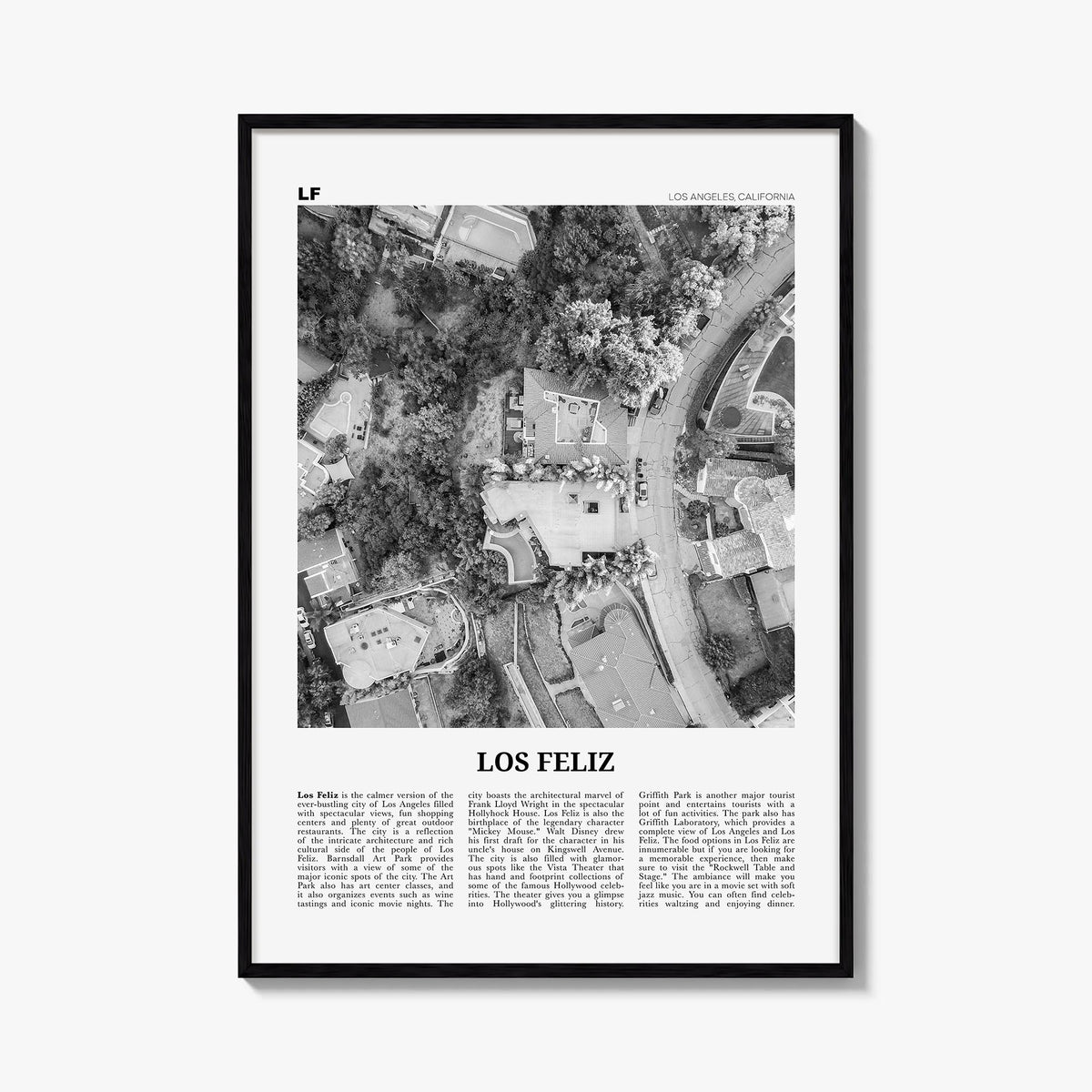 Los Feliz black & white newspaper poster of Los Angeles, California – vertical wall art, unframed print shown in interior moc