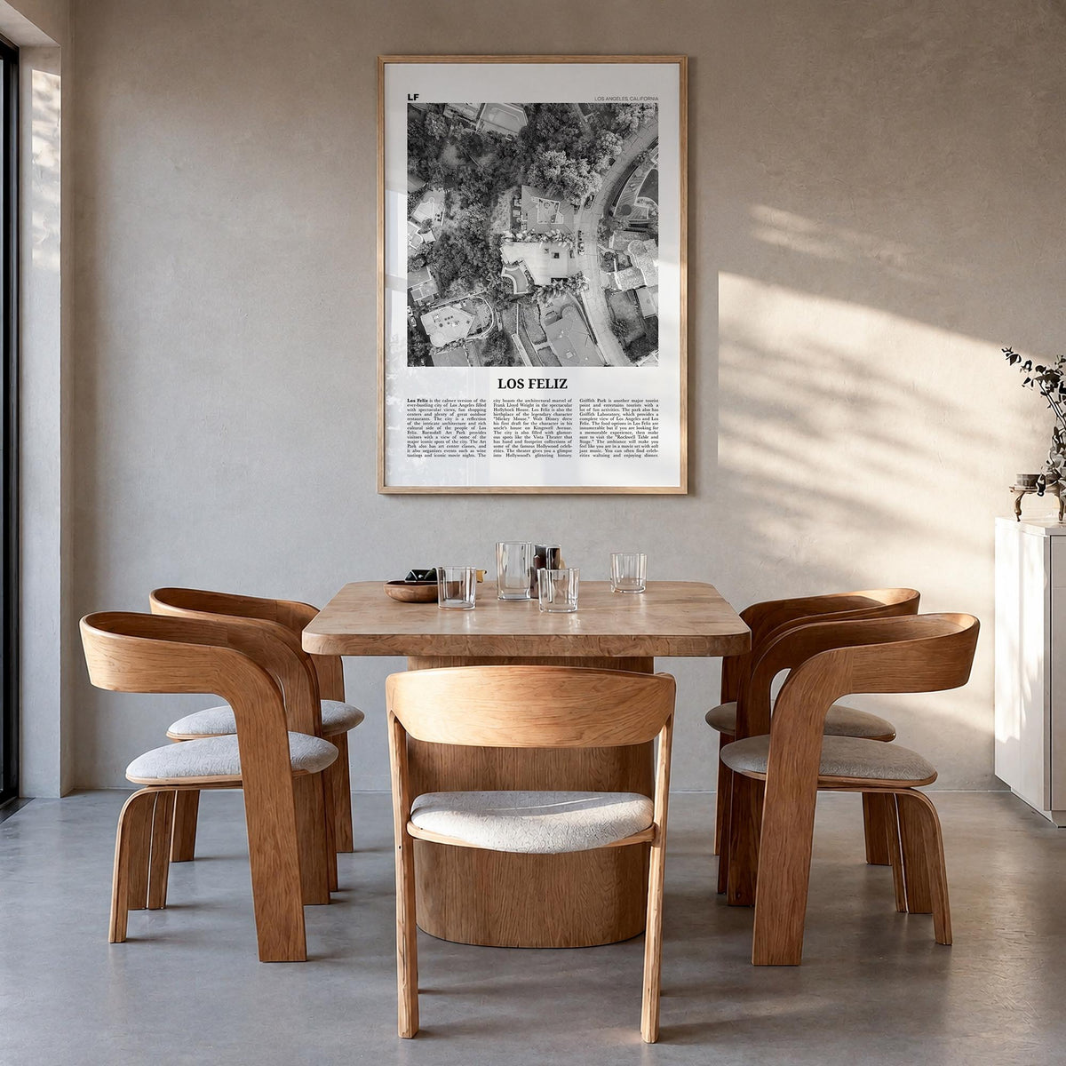 Los Feliz black & white newspaper poster of Los Angeles, California – vertical wall art in natural wood frame, hanging on wal