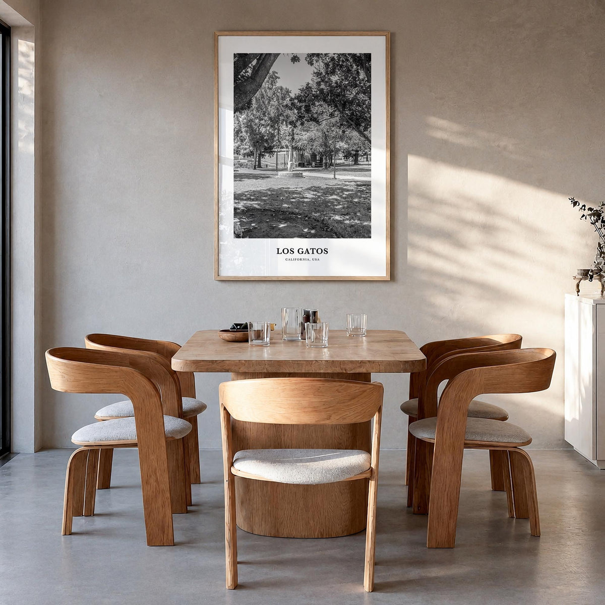 Los Gatos black & white classic poster of California, USA – vertical wall art in natural wood frame, hanging on wall