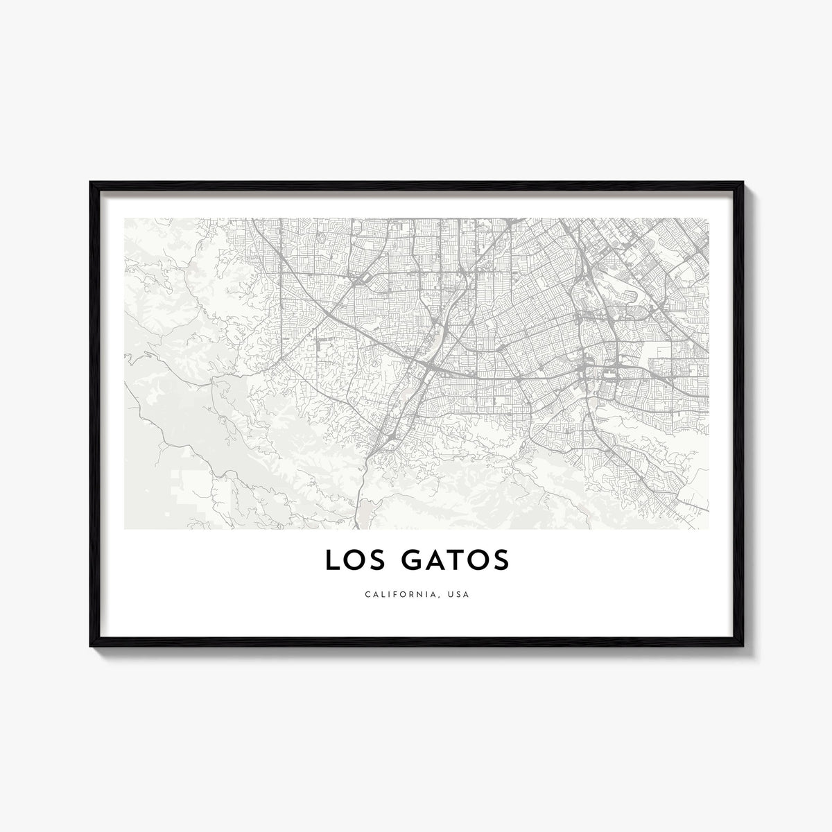 Los Gatos black & white map poster of California, USA – horizontal wall art, unframed print shown in interior mockup
