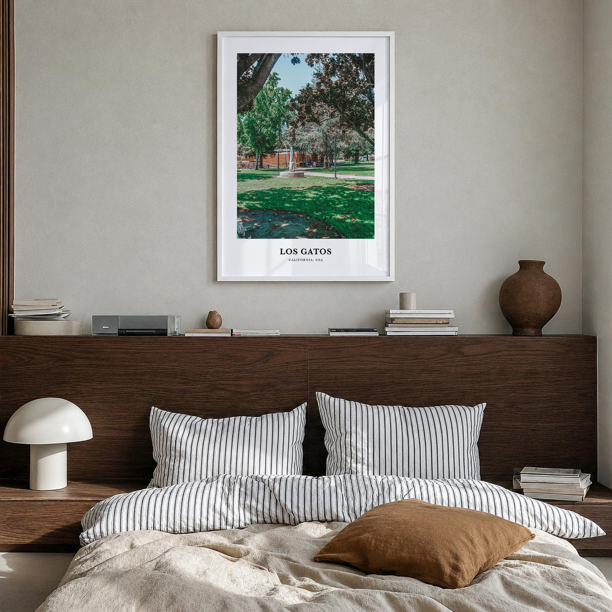 Los Gatos colorful classic poster of California, USA – vertical wall art in white wood frame, hanging on wall