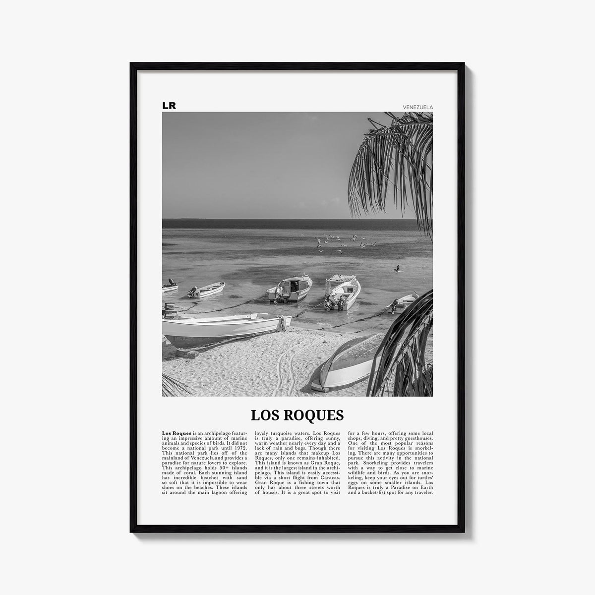 Los Roques black & white newspaper poster of Venezuela – vertical wall art, unframed print shown in interior mockup