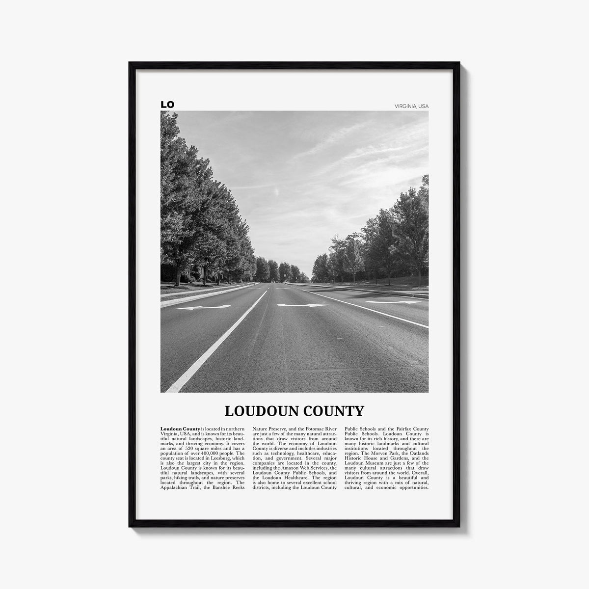 Loudoun County black & white newspaper poster of Virginia, USA – vertical wall art, unframed print shown in interior mockup