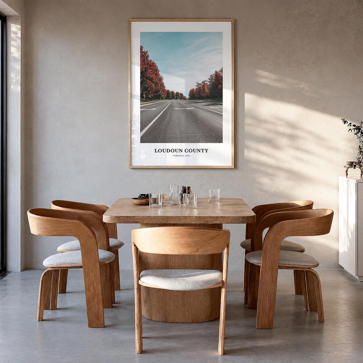 Loudoun County colorful classic poster of Virginia, USA – vertical wall art in natural wood frame, hanging on wall