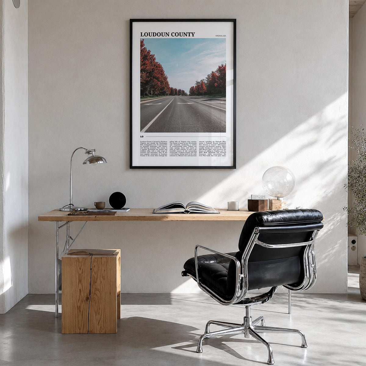 Loudoun County colorful travel poster of Virginia, USA – vertical wall art in black wood frame, hanging on wall
