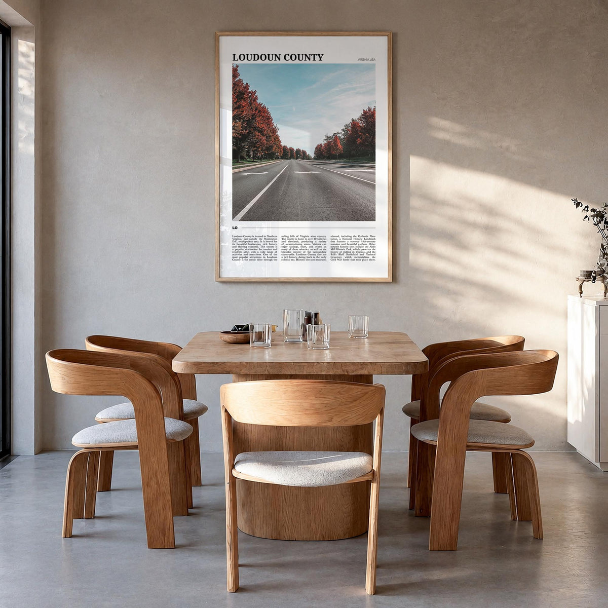 Loudoun County colorful travel poster of Virginia, USA – vertical wall art in natural wood frame, hanging on wall