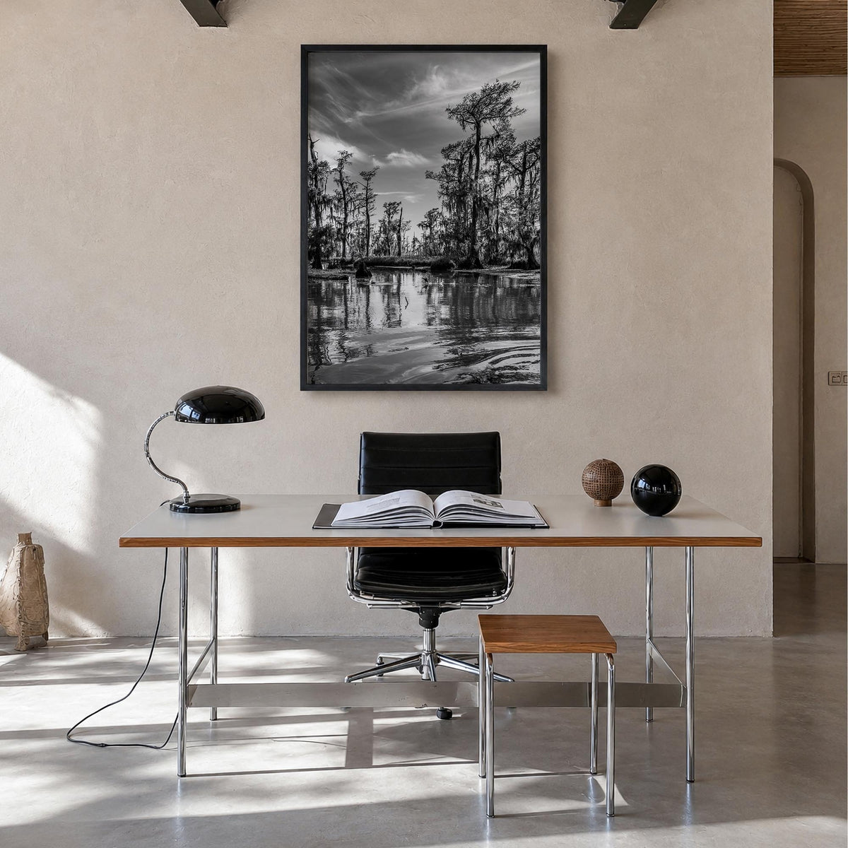 Louisiana black & white photo poster of United States – vertical wall art in black wood frame, hanging on wall