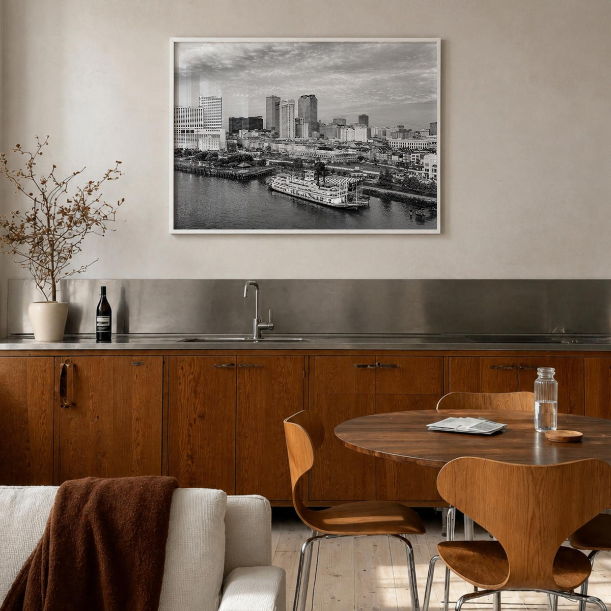 Louisiana black & white photo poster of United States – horizontal wall art in white wood frame, hanging on wall