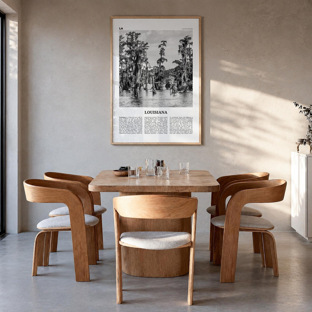 Louisiana no. 1 black & white newspaper poster of United States – vertical wall art in natural wood frame, hanging on wall