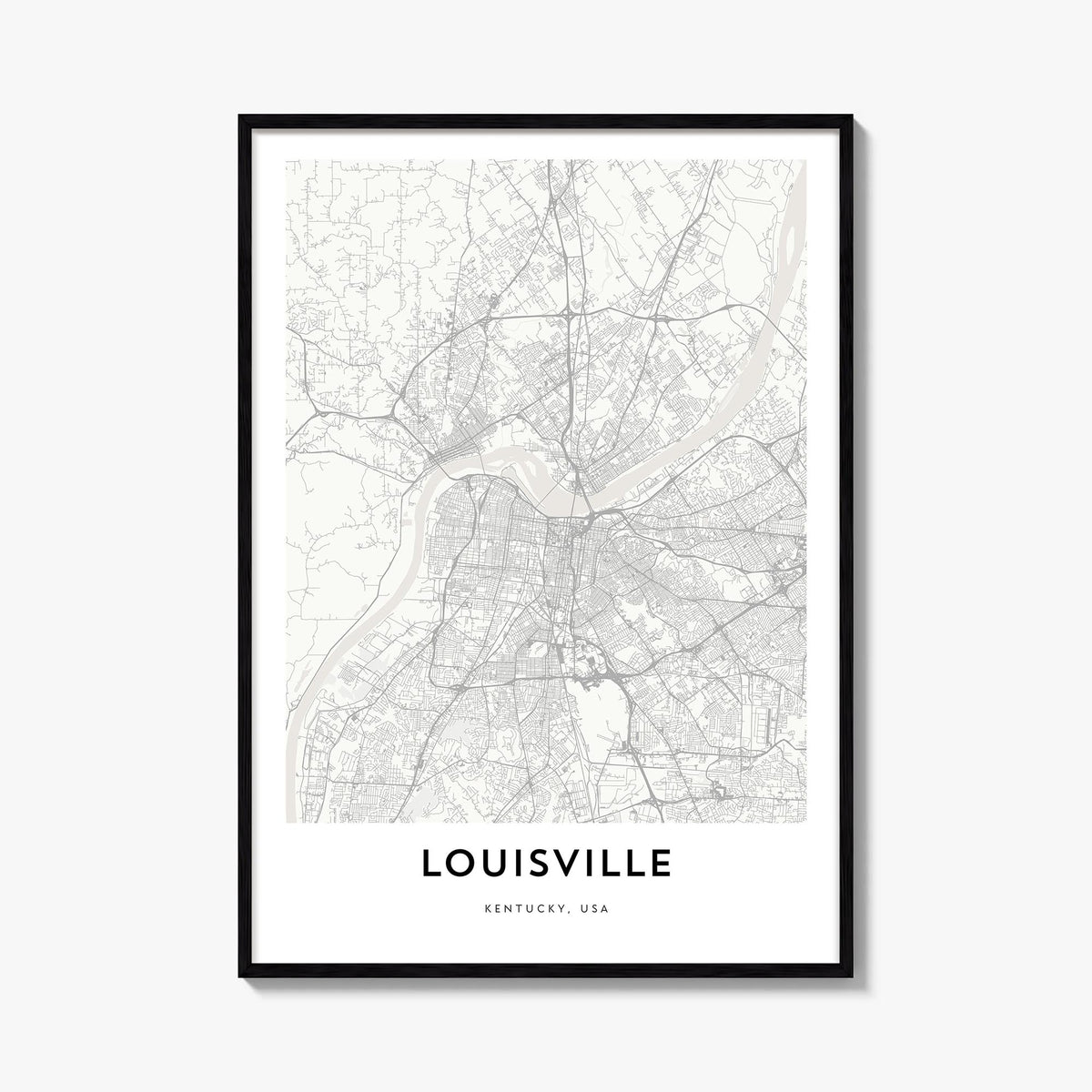 Louisville black & white map poster of Kentucky, USA – vertical wall art, unframed print shown in interior mockup