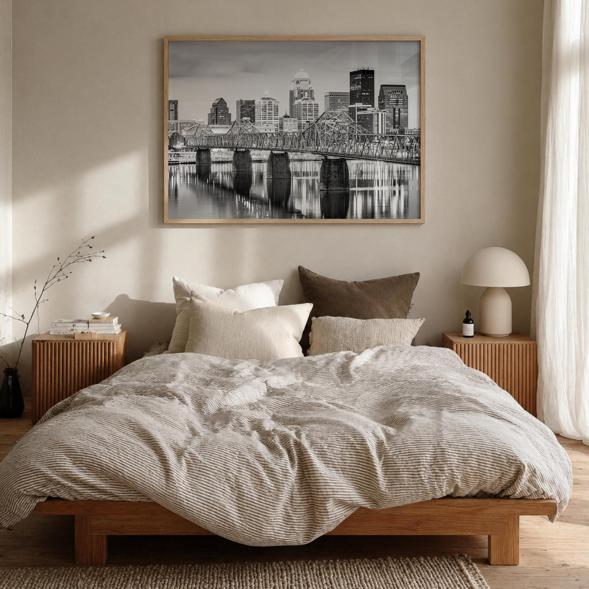 Louisville black & white photo poster of Kentucky, USA – horizontal wall art in natural wood frame, hanging on wall