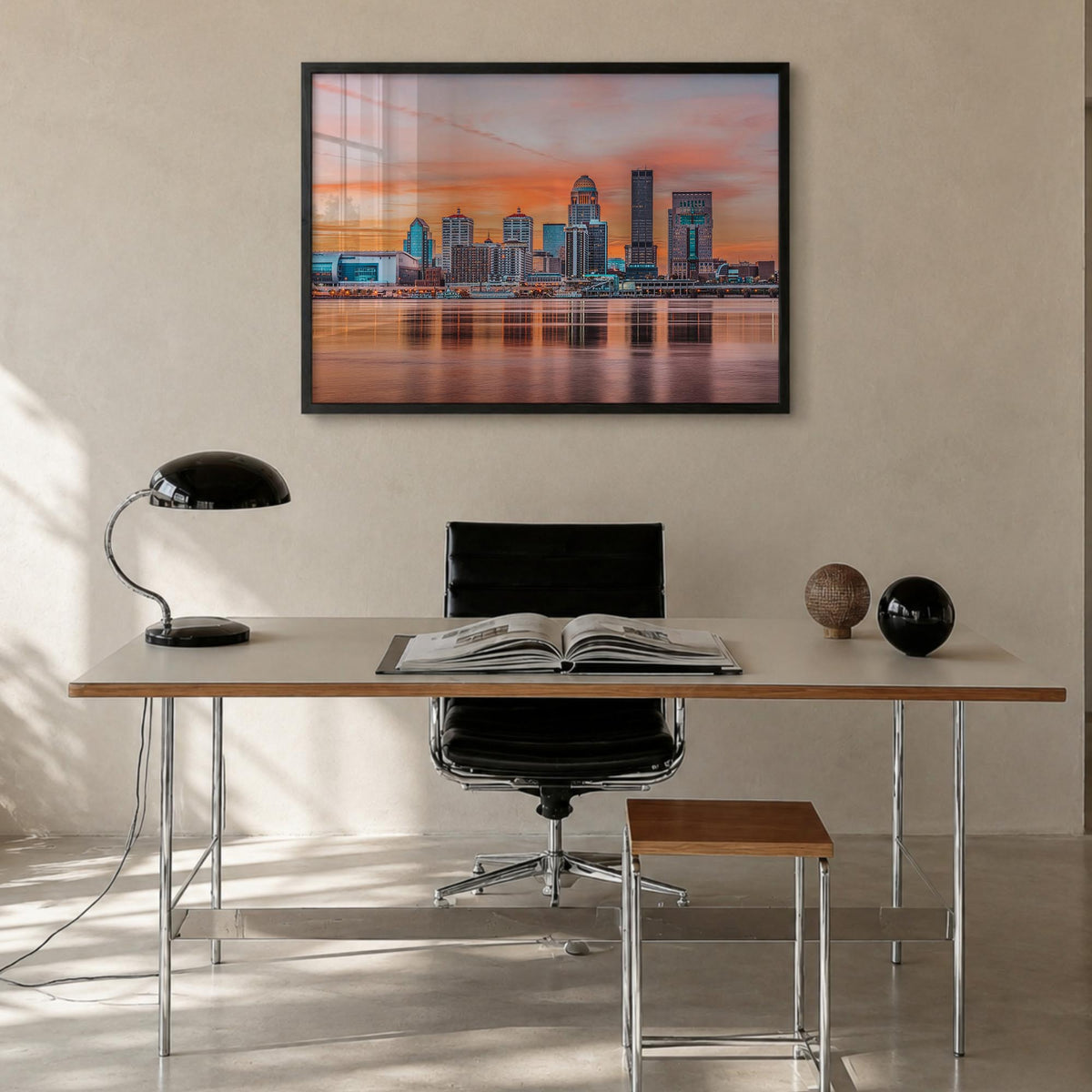 Louisville colorful photo poster of Kentucky, USA – horizontal wall art in black wood frame, hanging on wall