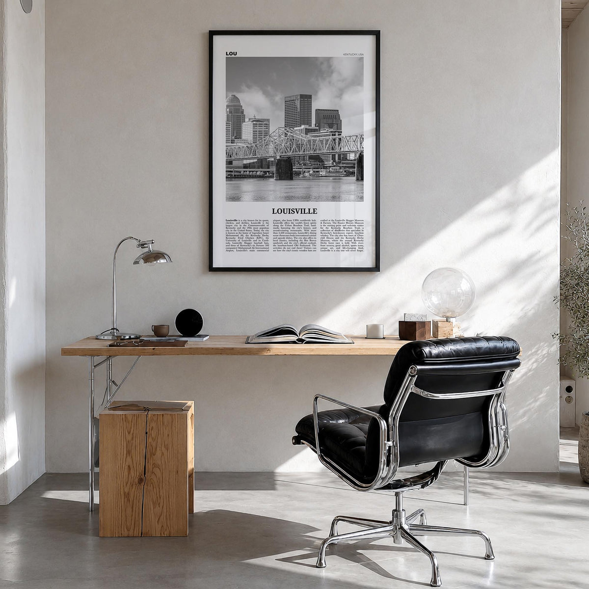 Louisville no. 1 black & white newspaper poster of Kentucky, USA – vertical wall art in black wood frame, hanging on wall