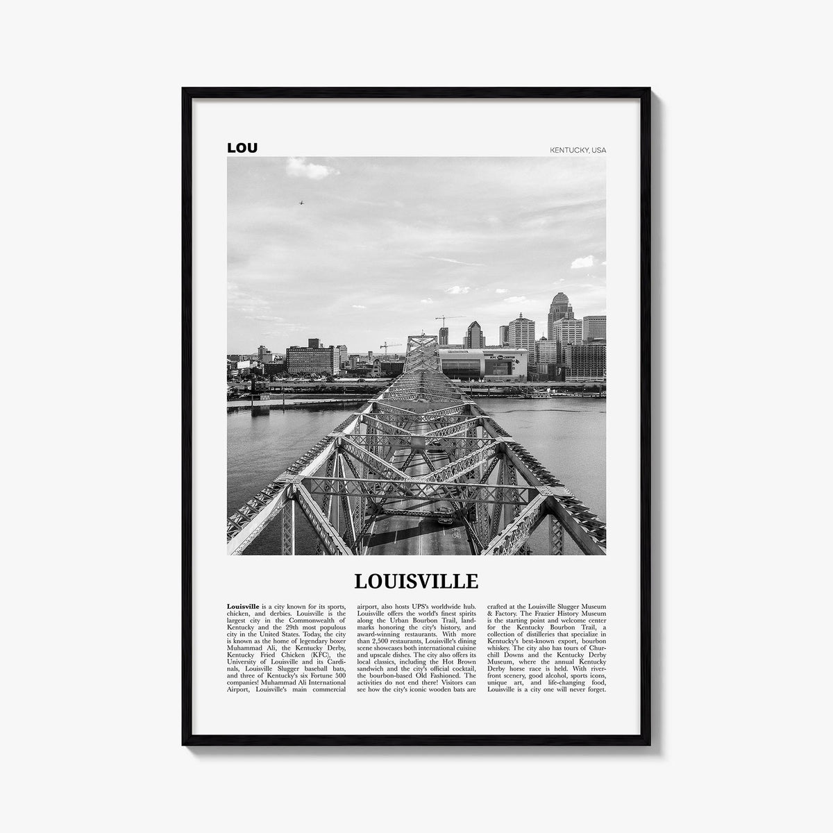 Louisville no. 2 black & white newspaper poster of Kentucky, USA – vertical wall art, unframed print shown in interior mockup
