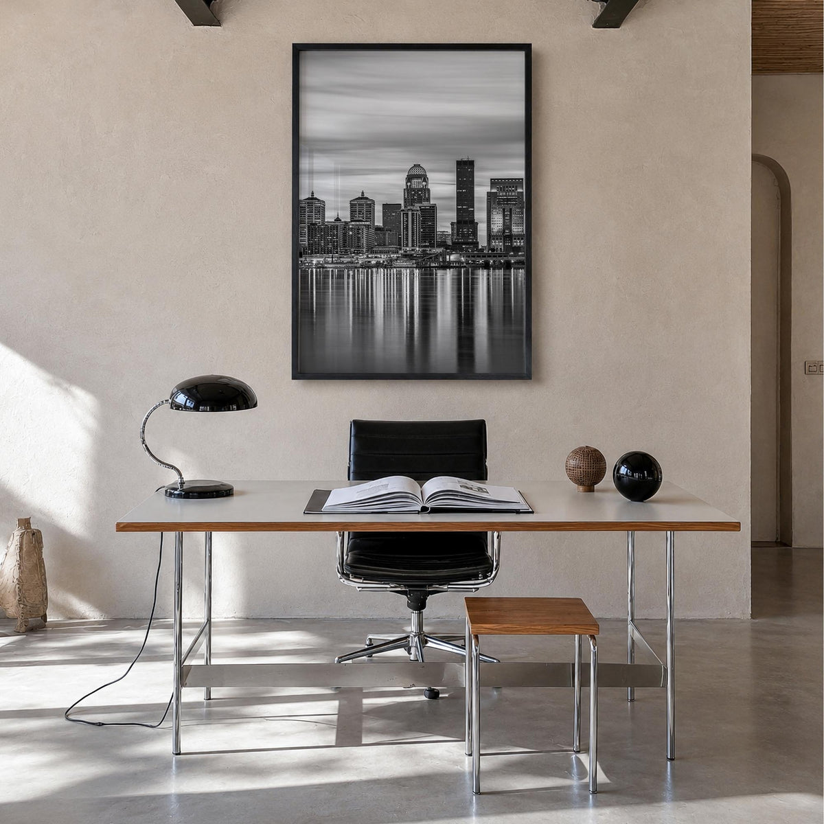 Louisville no. 2 black & white photo poster of Kentucky, USA – vertical wall art in black wood frame, hanging on wall