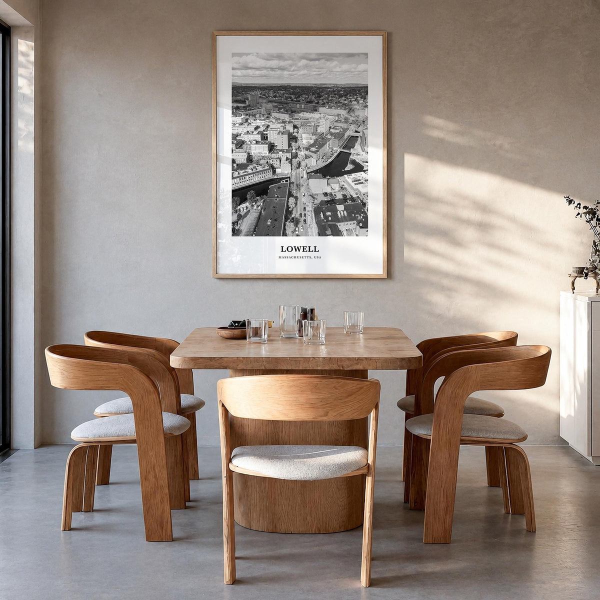 Lowell black & white classic poster of Massachusetts, USA – vertical wall art in natural wood frame, hanging on wall