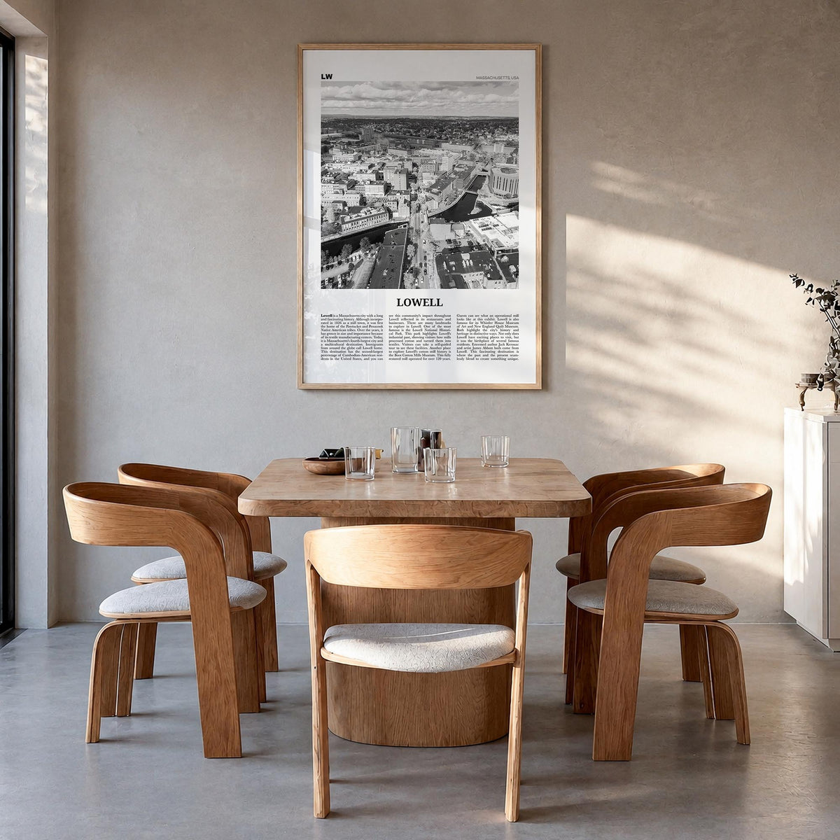 Lowell black & white newspaper poster of Massachusetts, USA – vertical wall art in natural wood frame, hanging on wall