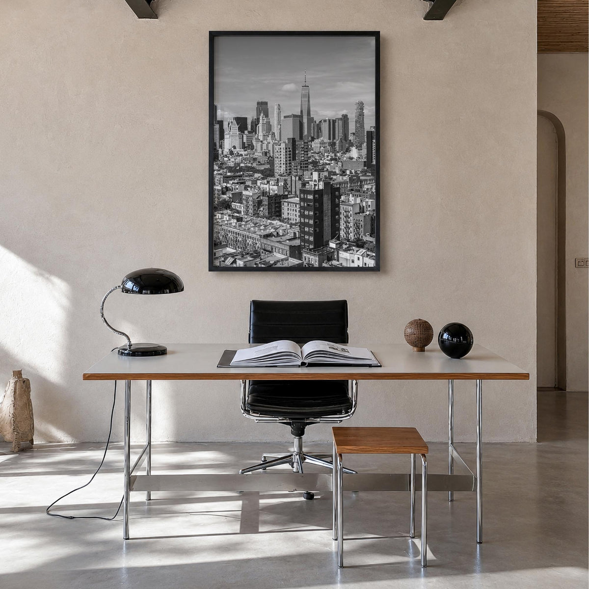 Lower East Side black & white photo poster of Manhattan, New York City – vertical wall art in black wood frame, hanging on wa