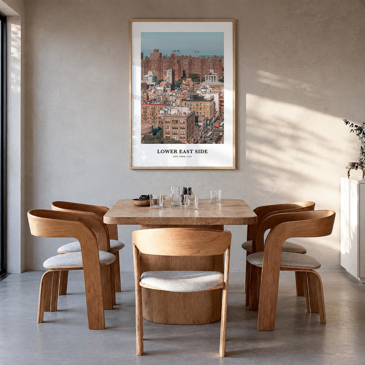 Lower East Side colorful classic poster of Manhattan, New York City – vertical wall art in natural wood frame, hanging on wal