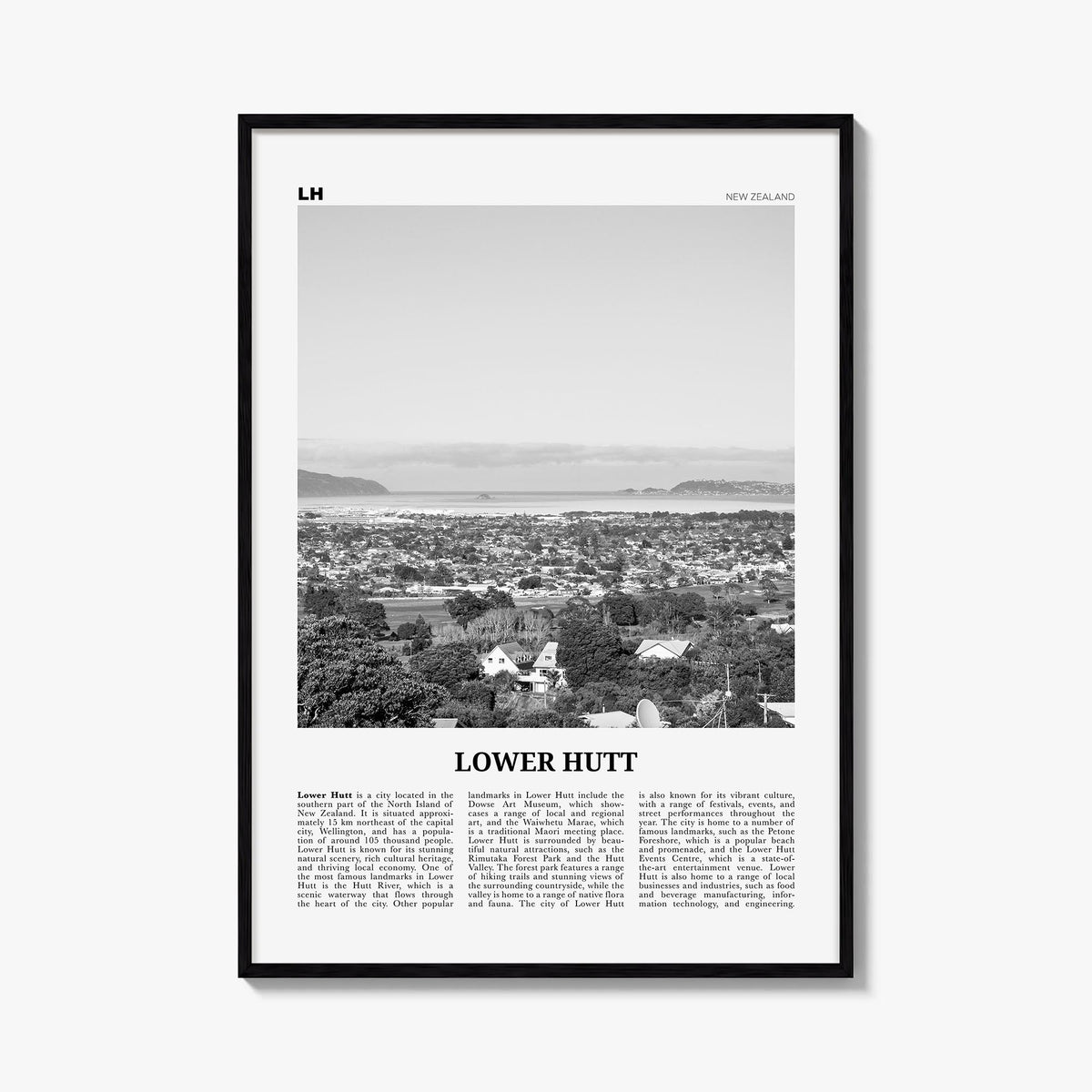 Lower Hutt black & white newspaper poster of New Zealand – vertical wall art, unframed print shown in interior mockup